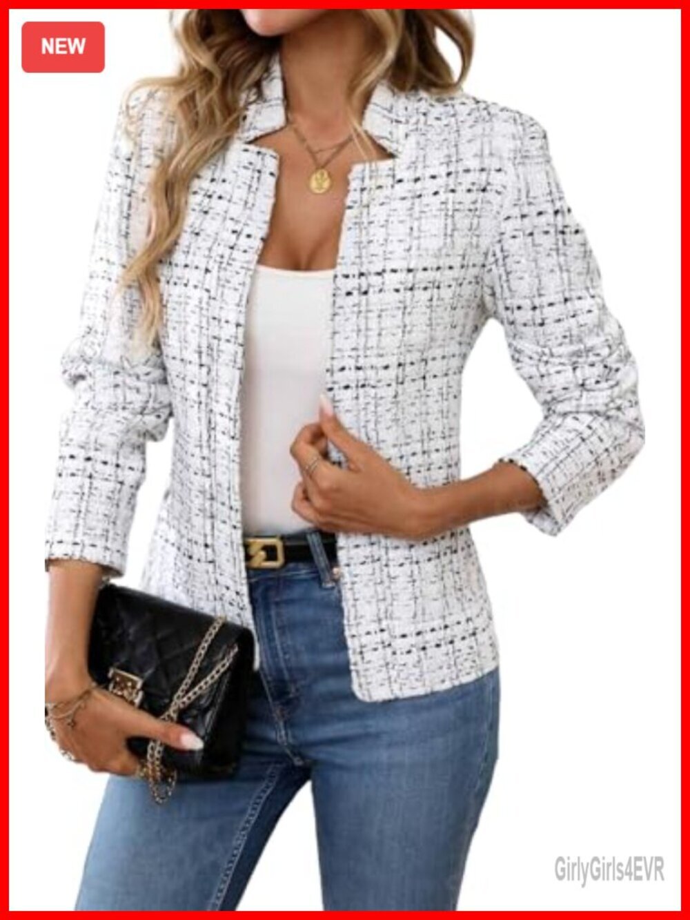 Tweed Open Front Blazer Long Sleeve Notch Collar Fully Lined Casual Business